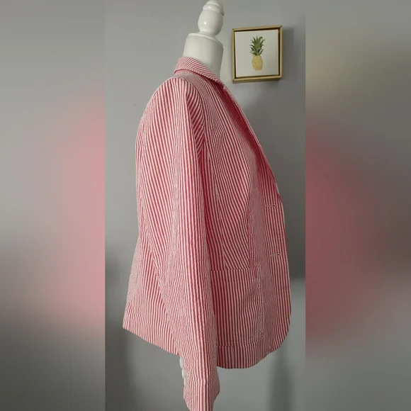 Talbot's Pinstripe Blazer Color White And Coral 2 Pockets Size 16 P Buttons New - Picture 2 of 9